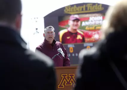Head coach John Anderson spoke at the grand opening of the new Siebert Field.