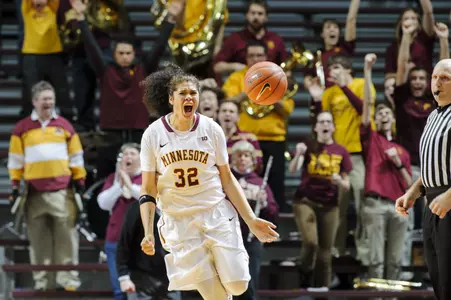 Amanda Zahui reacts to the Gophers' win over No. 12 Nebraska.