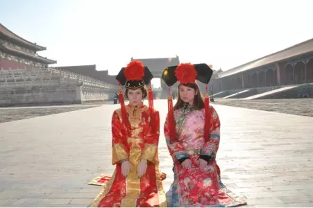 Katy Etterman and Jessica Ramberg strike a pose in China