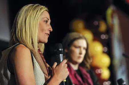 Interim Director of Athletics Beth Goetz talks with former Gopher and Minnesota Lynx star Lindsay Whalen.