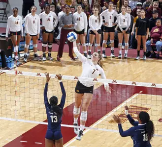 Hannah Tapp had eight kills and seven blocks against Marquette on Saturday night.