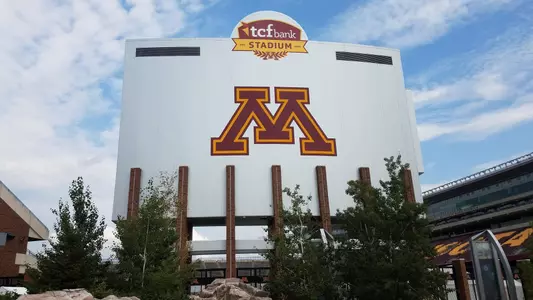 The main scoreboard at TCF Bank Stadium began featuring an updated logo in August 2018
