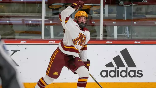 Taylor Heise (9) celebrates her goal. Ohio State v Minnesota2020 WCHA Final Faceoff