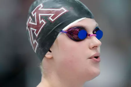 Linscott Emma before the start of the Women 100 Yard Butterfly. 
The University of Minnesota Swimming team competing in the Big Ten Women's Swimming and Diving Championships Friday, Feb. 18, 2022 at the Soderholm Family Aquatic Center on the University of Wisconsin Campus.   Photo Steve Apps