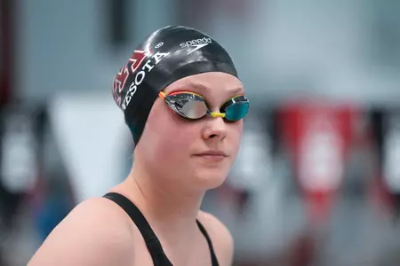 Jongman Indy before the start of the Women 200 Yard Backstroke. 
The University of Minnesota Swimming team competing in the Big Ten Women's Swimming and Diving Championships Saturday, Feb. 19, 2022 at the Soderholm Family Aquatic Center on the University of Wisconsin Campus.   Photo Steve Apps