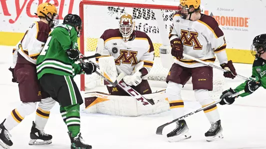 An NCAA men's college hockey game between the University of Minnesota Golden Gophers and the University of North Dakota Fighting Hawks at Ralph Engelstad Arena in Grand Forks on Friday, October 20, 2023. Photo by Russell Hons
