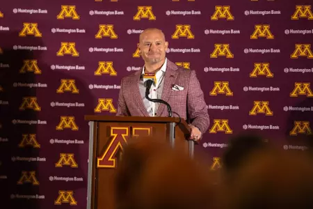 Head football coach P.J. Fleck speaks to the media at 2025 National Signing Day