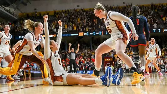 MINNEAPOLIS, MN - MARCH 22: Minnesota Golden Gophers guard Amaya Battle (3) celebrates hitting the eventual game-winning shot with .8 seconds left on the game clock with Minnesota Golden Gophers guard Grace Grocholski (25) and Minnesota Golden Gophers guard Brynn Senden (15) during the fourth quarter of the Ole Miss Rebels versus Minnesota Golden Gophers NCAA Women's Championship second round game on March 22, 2026.(Photo by Nick Wosika/Icon Sportswire) (Icon Sportswire via AP Images)