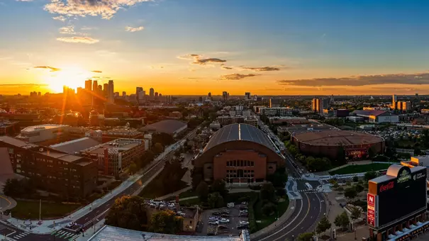 Athletic facility sunset drone