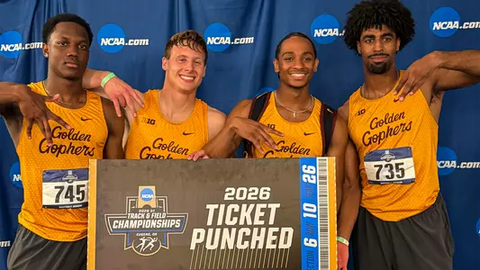 men's 4x400m relay team ticket punched photo in 2026 featuring Jayden Green, Max McQuide, Dwyne Smith Jr., and Ramy Ayoub