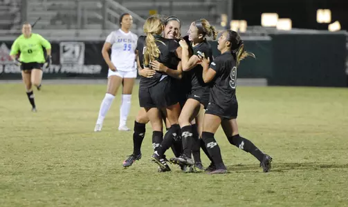 Mustang sophomore Chelsea Barry celebrates her 35-yard goal with Cal Poly teammates vs. UCSB in 2016 at Spanos Stadium