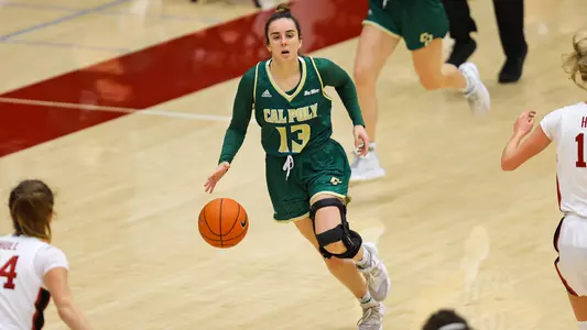 Cal Poly's Maddie Vick dribbles at Stanford on November 25, 2020 (Photo by Kyle Calzia ©)