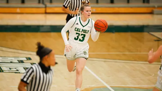 Maddie Willett from Cal Poly Basketball dribbles upcourt vs. New Mexico State (Photo by Owen Main ©)