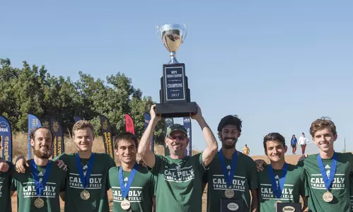 Coach Conover and the Mustangs celebrate winning the Big West championship in 2017 (Photo by Robert Huskey)