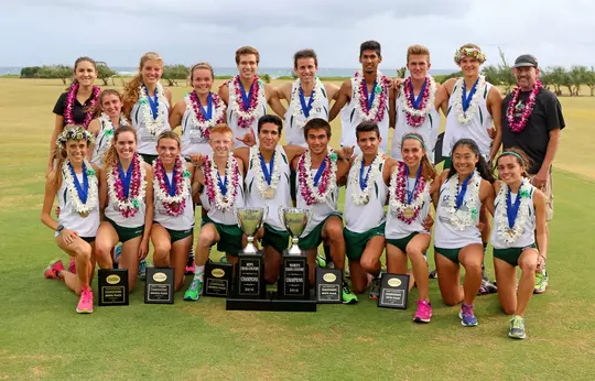 Coach Conover and the Mustangs celebrate a championship sweep in Hawaii (Photo Courtesy of BigWest.org)