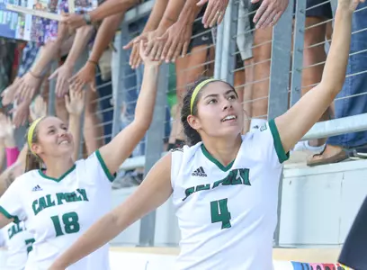 Emily Talmi from the Cal Poly soccer team with fans at Alex G. Spanos Stadium (Photo by Owen Main)