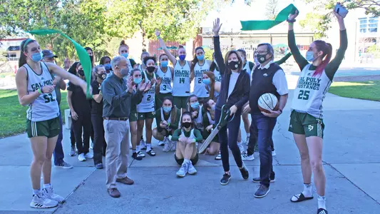 The Cal Poly Mustangs celebrate the opening of their new Haynes Locker Room after a thorough renovation, at Mott Athletics Center on Jan. 16, 2021.