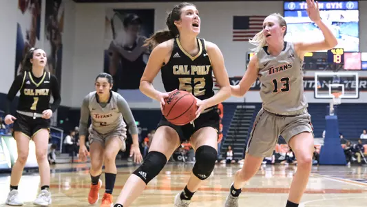 Sierra Campisano, a first-team all-conference forward, eyes the basket in a road game at CSF in 2020. (Photo by David E. Holmes ©)