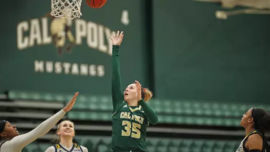 Natalia Ackerman scores for Cal Poly on Jan. 23, 2021 (Photo by Owen Main)