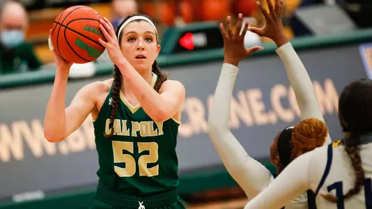 Sierra Campisano of Cal Poly looks to pass against UCI in 2021 (File Photo by Owen Main)