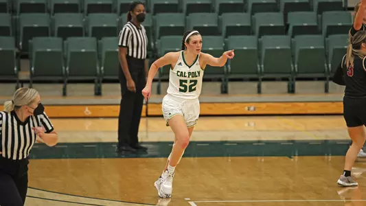 Cal Poly's Sierra Campisano credits a teammate for an assist against Santa Clara (Photo by Owen Main)