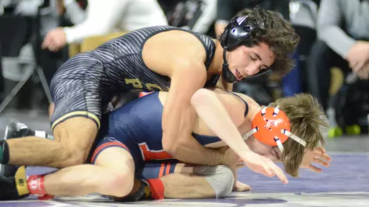 Antonio Lorenzo controls Justin Cardani of Illinois in semifinals of 2021 Matmen Open on Thursday.