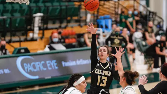 Maddie Vick from the Cal Poly basketball team attempts a jump shot vs. Hawai'i on Feb. 6, 2021 (Photo by Owen Main)