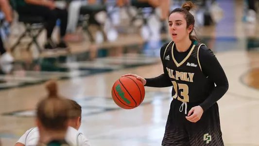Cal Poly's Maddie Vick looks to set up a play on Feb. 6, 2021. (File Photo by Owen Main ©)