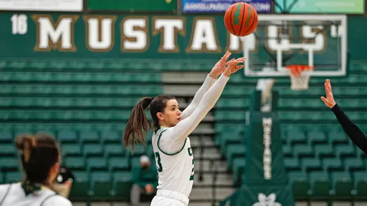 Ivana Nikolova from Cal Poly attempts a 3-pointer on Feb. 19, 2021. (Photo by Owen Main ©)