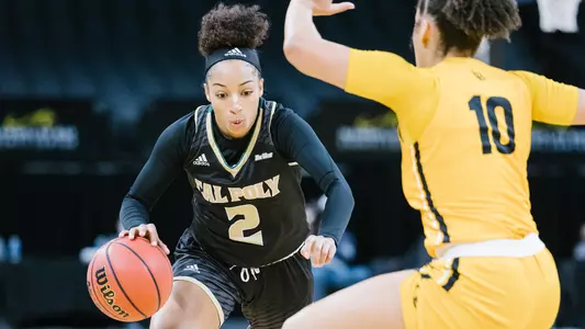 Cal Poly guard Chantel Govan creates space on the perimeter vs. Long Beach State on March 10, 2021 in Las Vegas.