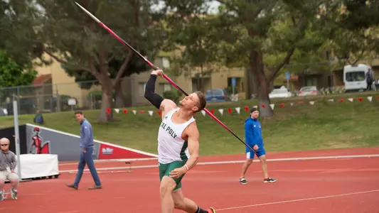 Dane Clemensen of Cal Poly throws the javelin at the BWC Finals in 2018.