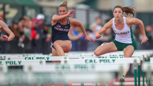 Molly Ross, shown on March 23,2019 during the Cal Poly Track & Field Invitational, competes in the 100m hurdles event. (Photo by Photography805 ©)
