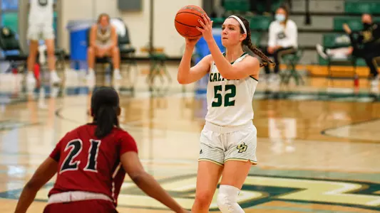 Cal Poly's Sierra Campisano lines up a jump shot vs. New Mexico State on Dec. 10, 2020 (Photo by Owen Main ©).