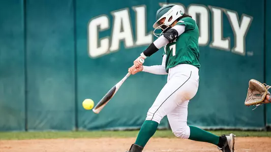 Xiara Diaz from Cal Poly makes contact on March 12, 2021 at Janssen Field. (Photo by Owen Main ©)