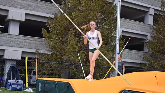 Brooke Tjerrild of Cal Poly smiles after winning the pole vault at home in 2018.