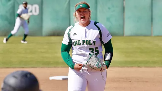 Bailey Doherty of Cal Poly celebrates a strikeout at Janssen Field on March 6, 2021. (Photo by Owen Main ©)