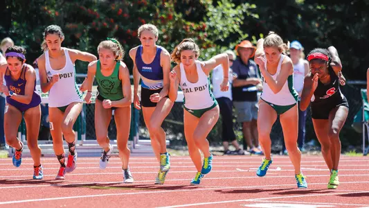 Cal Poly's Sierra Brill (at center) runs off of the starting line at home. (Photo by Alexander Bohlen ©)