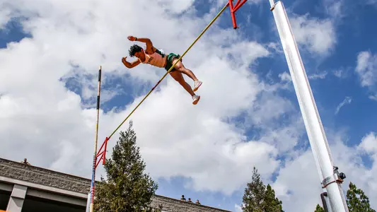 Cal Poly pole vaulter Enzo Sison clears the bar at home during the 2019 season. (Photo by Owen Main ©)