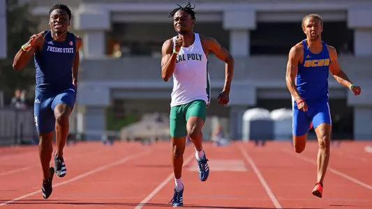 Chineme Allison from Cal Poly wins the 100-meter dash against UCSB and Fresno State on April 3, 2021. (Photo by Kyle Calzia)