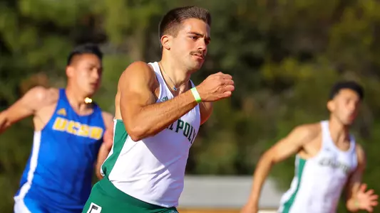 Tyler Esteves from Cal Poly runs the 200m dash vs. UCSB and Fresno State on April 3, 2021. (Photo by Kyle Calzia ©)