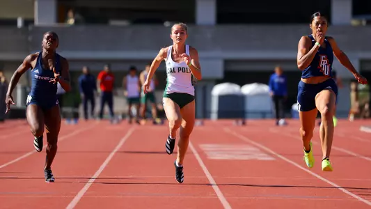 Shelby Daniele competes in the 100-meter dash at Cal Poly on April 3, 2021. (Photo by Kyle Calzia ©)