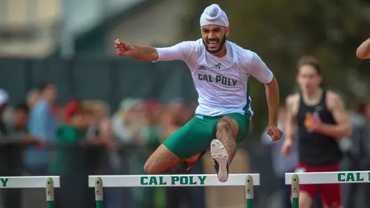 On March 23, 2019, Bikram Thiara competes in the hurdles at Cal Poly. (Photography 805 ©)