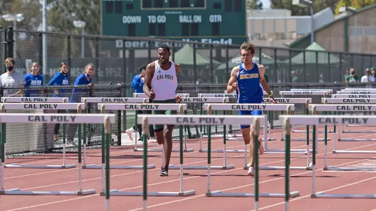 Kijana Hilton from Cal Poly competes in the 110m hurdles vs. UCSB on May 1, 2021 at home. (Photo by James Colon)
