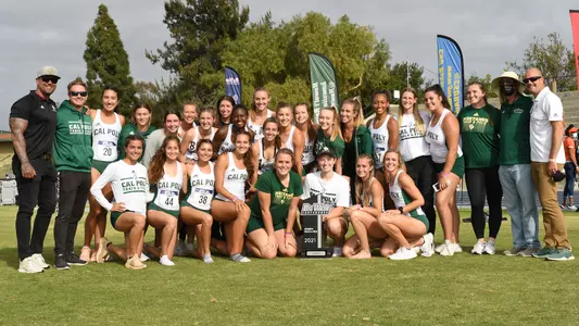 Cal Poly celebrates winning the 2021 Women's Big West Conference championship in Irvine. (Photo by John Fajardo/BWC.org)