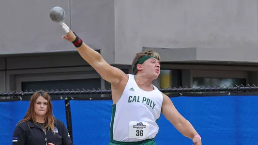 Devon Cetti heaves the shot put during the 2019 Big West Conference Championship Meet in Goleta. (Photo by Lloyd Sicard ©)
