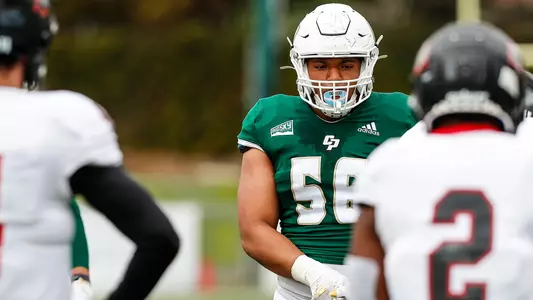 Myles Cecil, Cal Poly defensive lineman, earned all-conference honorable mention status in 2019. (Photo by Owen Main ©)