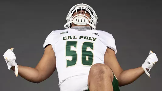 Cal Poly defensive lineman Myles Cecil celebrates the start of football season. (Photo by Owen Main)
