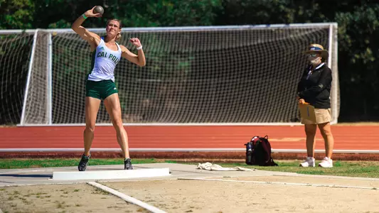 Adelae Fredeen of Cal Poly has approached 40 feet in the shot put as a heptathlete.