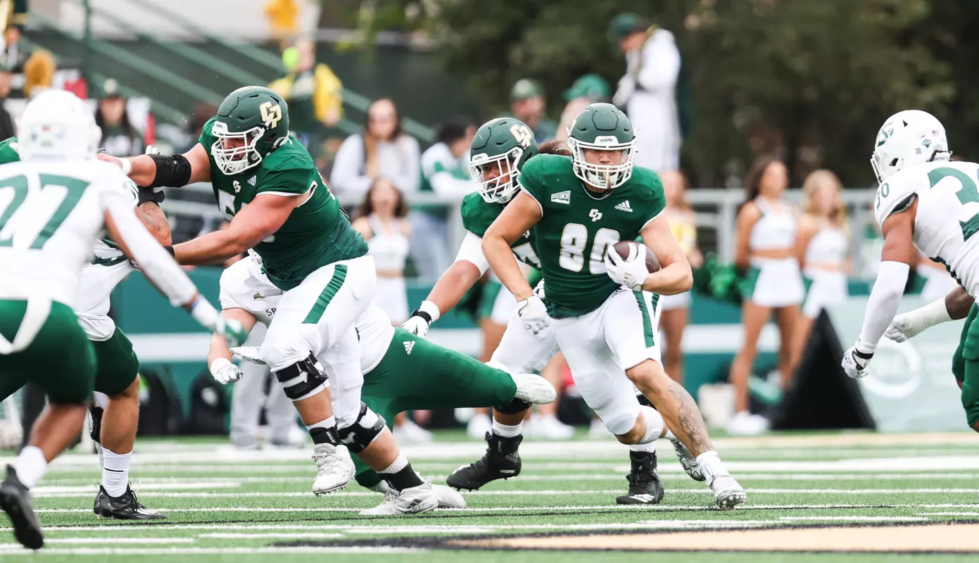 Cal Poly tight end Josh Cuevas makes one of his seven catches.