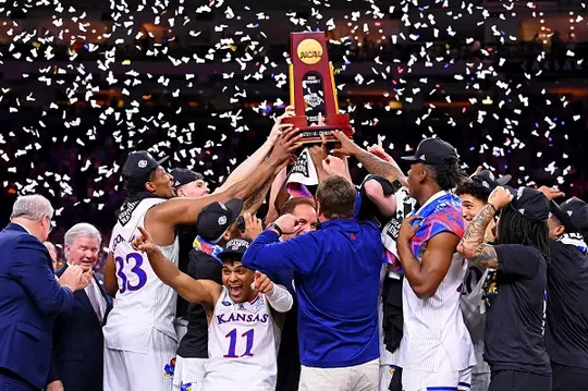Apr 4, 2022; New Orleans, LA, USA; The Kansas Jayhawks celebrate after their win over the North Carolina Tar Heels in the 2022 NCAA men's basketball tournament Final Four championship game at Caesars Superdome. Mandatory Credit: Bob Donnan-USA TODAY Sports